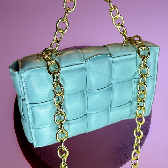 NEW Luxe Sky Blue Woven Vegan Leather Goldtone Chain Top Handle / Shoulder Bag - Picture 2 of 16